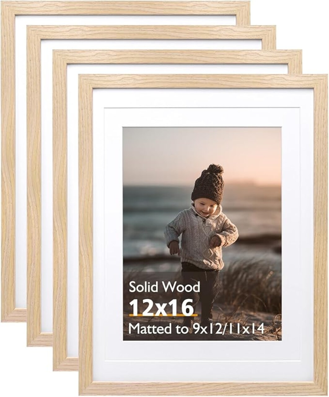 12x16 Picture Frame Natural, Solid Wood Frames with Acrylic Plexiglass for Pictures 11x14/9x12 with Mat or 12x16 without Mat,Wall Display Photo Frame Set of 4
